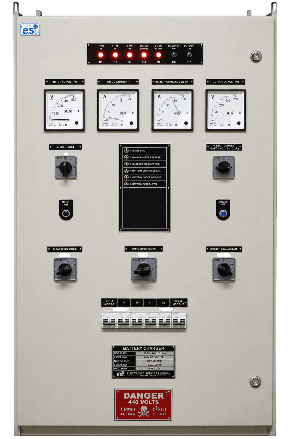 ESI FCBC battery charger control panel with meters, indicators, and controls